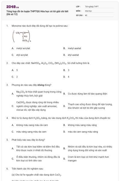 Tổng hợp đề ôn luyện THPTQG Hóa học có lời giải chi tiết (Đề số 12)