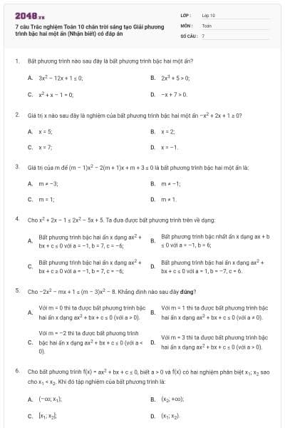 7 câu Trắc nghiệm Toán 10 chân trời sáng tạo Giải phương trình bậc hai một ẩn (Nhận biết) có đáp án