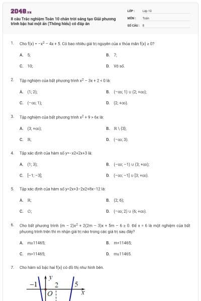 8 câu Trắc nghiệm Toán 10 chân trời sáng tạo Giải phương trình bậc hai một ẩn (Thông hiểu) có đáp án