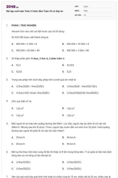 Bài tập cuối tuần Toán 5 Cánh diều Tuần 35 có đáp án