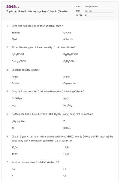 Tuyển tập đề ôn thi Hóa Học cực hay có đáp án (Đề số 6)