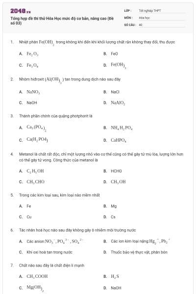 Tổng hợp đề thi thử Hóa Học mức độ cơ bản, nâng cao (Đề số 03)