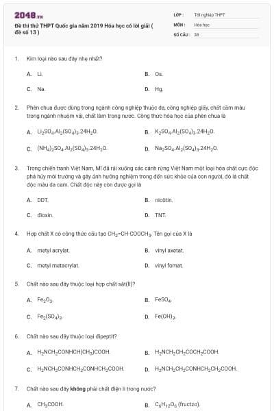 Đề thi thử THPT Quốc gia năm 2019 Hóa học có lời giải ( đề số 13 )