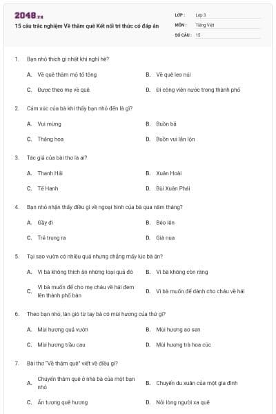 15 câu trắc nghiệm Về thăm quê Kết nối tri thức có đáp án