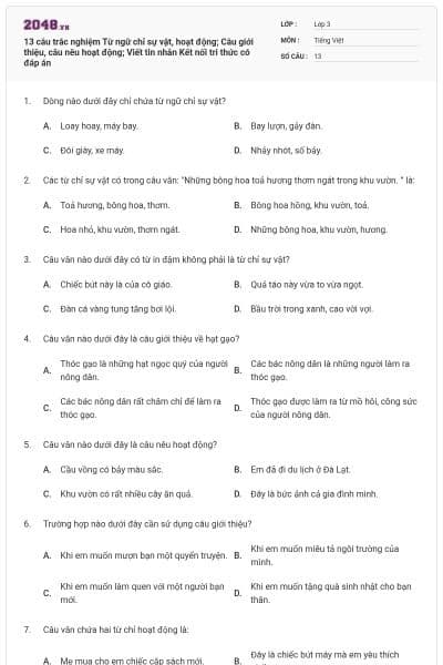 13 câu trắc nghiệm Từ ngữ chỉ sự vật, hoạt động; Câu giới thiệu, câu nêu hoạt động; Viết tin nhắn Kết nối tri thức có đáp án