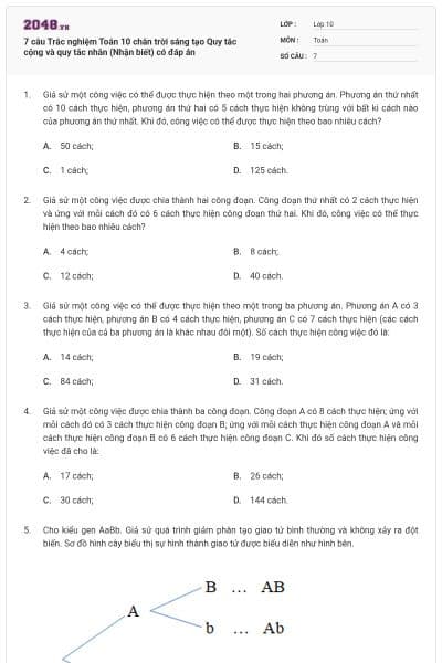7 câu Trắc nghiệm Toán 10 chân trời sáng tạo Quy tắc cộng và quy tắc nhân (Nhận biết) có đáp án