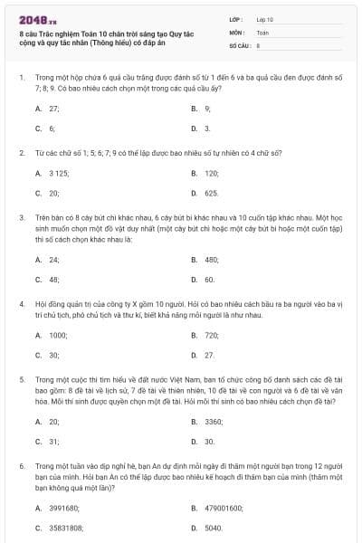 8 câu Trắc nghiệm Toán 10 chân trời sáng tạo Quy tắc cộng và quy tắc nhân (Thông hiểu) có đáp án