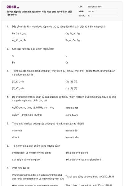 Tuyển tập đề thi minh họa môn Hóa Học cực hay có lời giải (đề số 4)