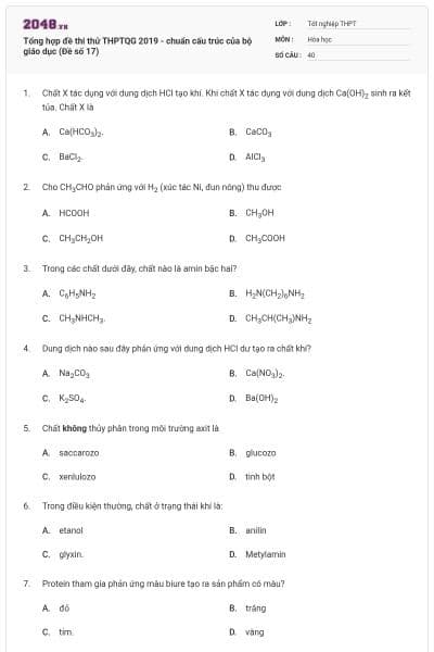 Tổng hợp đề thi thử THPTQG 2019 - chuẩn cấu trúc của bộ giáo dục (Đề số 17)