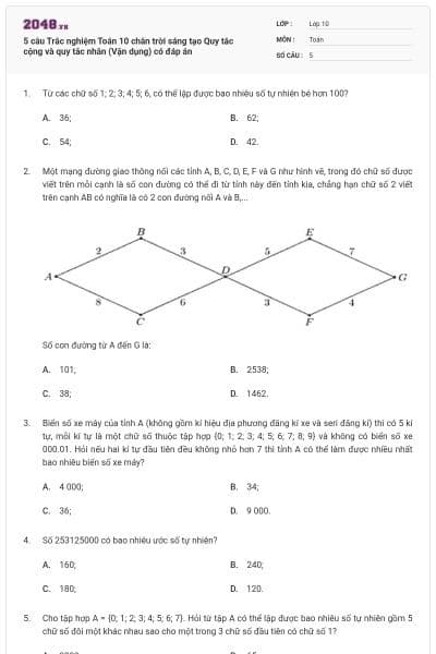 5 câu Trắc nghiệm Toán 10 chân trời sáng tạo Quy tắc cộng và quy tắc nhân (Vận dụng) có đáp án