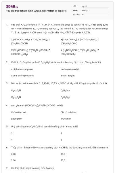 100 câu trắc nghiệm Amin-Amino Axit-Protein cơ bản (P4)