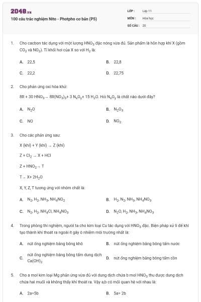 100 câu trắc nghiệm Nito - Photpho cơ bản (P5)