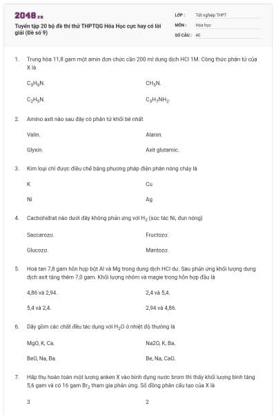 Tuyển tập 20 bộ đề thi thử THPTQG Hóa Học cực hay có lời giải (Đề số 9)