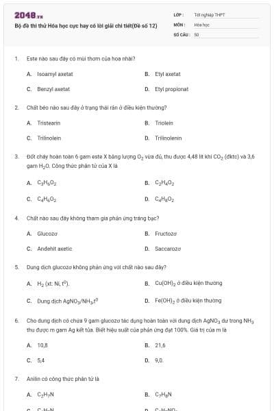 Bộ đề thi thử Hóa học cực hay có lời giải chi tiết(Đề số 12)
