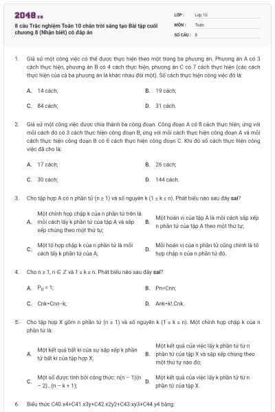 8 câu Trắc nghiệm Toán 10 chân trời sáng tạo Bài tập cuối chương 8 (Nhận biết) có đáp án