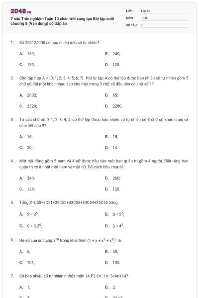 7 câu Trắc nghiệm Toán 10 chân trời sáng tạo Bài tập cuối chương 8 (Vận dụng) có đáp án