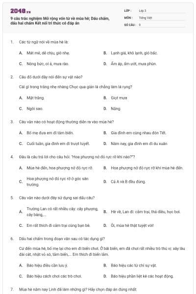 9 câu trắc nghiệm Mở rộng vốn từ về mùa hè; Dấu chấm, dấu hai chấm Kết nối tri thức có đáp án