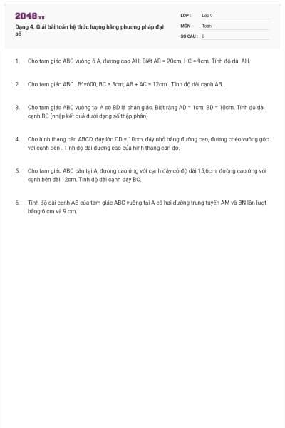 Dạng 4. Giải bài toán hệ thức lượng bằng phương pháp đại số
