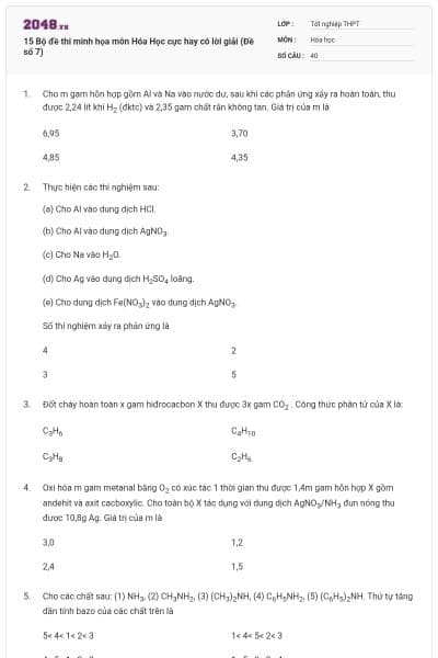 15 Bộ đề thi minh họa môn Hóa Học cực hay có lời giải (Đề số 7)