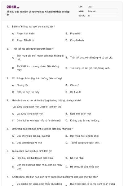 15 câu trắc nghiệm Đi học vui sao Kết nối tri thức có đáp án