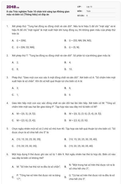 8 câu Trắc nghiệm Toán 10 chân trời sáng tạo Không gian mẫu và biến cố (Thông hiểu) có đáp án