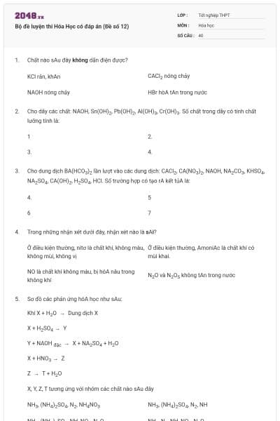 Bộ đề luyện thi Hóa Học có đáp án (Đề số 12)
