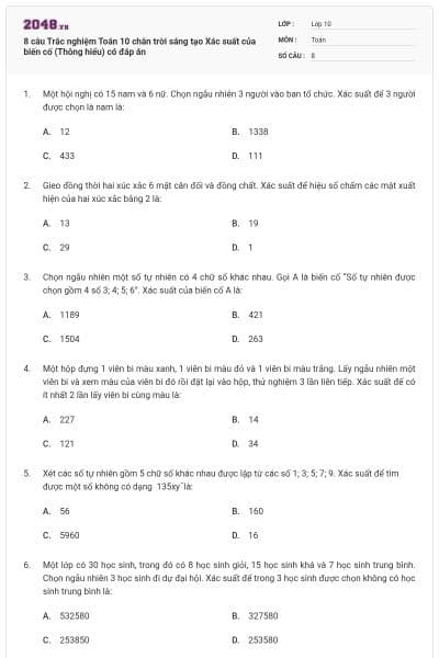 8 câu Trắc nghiệm Toán 10 chân trời sáng tạo Xác suất của biến cố (Thông hiểu) có đáp án