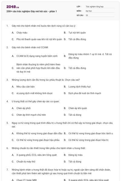 200+ câu trắc nghiệm Gây mê hôi sức - phần 1