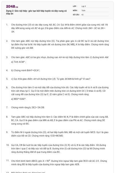 Dạng 2: Góc nội tiếp- góc tạo bởi tiếp tuyến và dây cung có đáp án