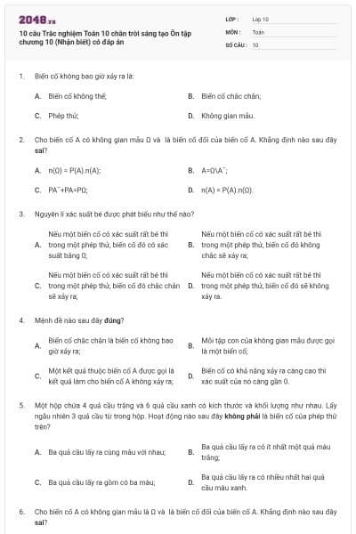 10 câu Trắc nghiệm Toán 10 chân trời sáng tạo Ôn tập chương 10 (Nhận biết) có đáp án