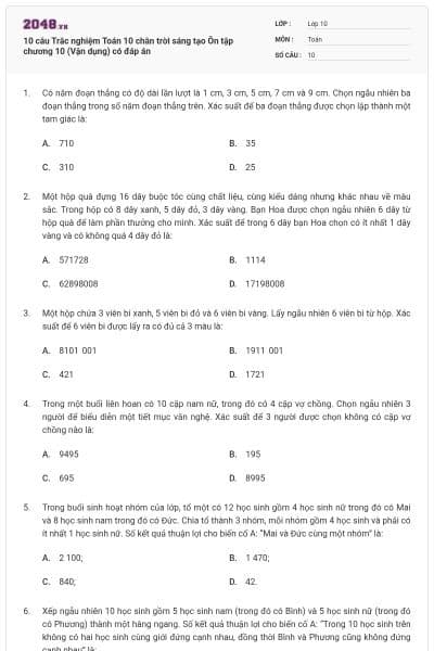 10 câu Trắc nghiệm Toán 10 chân trời sáng tạo  Ôn tập chương 10 (Vận dụng) có đáp án