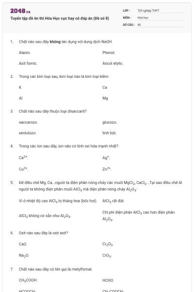 Tuyển tập đề ôn thi Hóa Học cực hay có đáp án (Đề số 8)