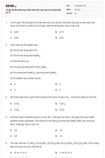 15 Bộ đề thi minh họa môn Hóa Học cực hay có lời giải (Đề số 7)