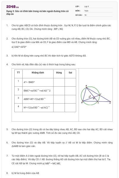 Dạng 3: Góc có đỉnh bên trong và bên ngoài đường tròn có đáp án