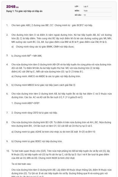 Dạng 1: Tứ giác nội tiếp có đáp án