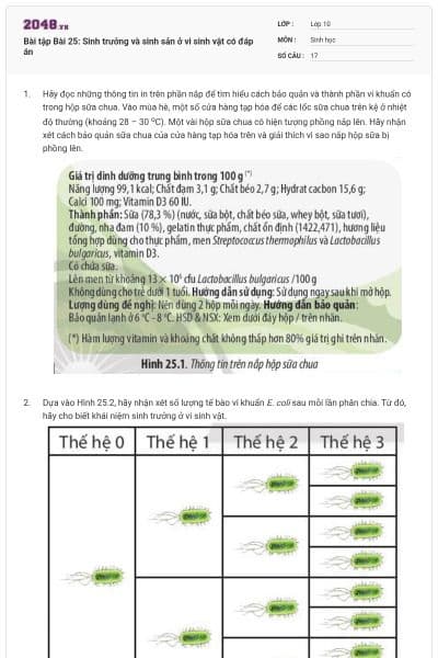 Bài tập Bài 25: Sinh trưởng và sinh sản ở vi sinh vật có đáp án