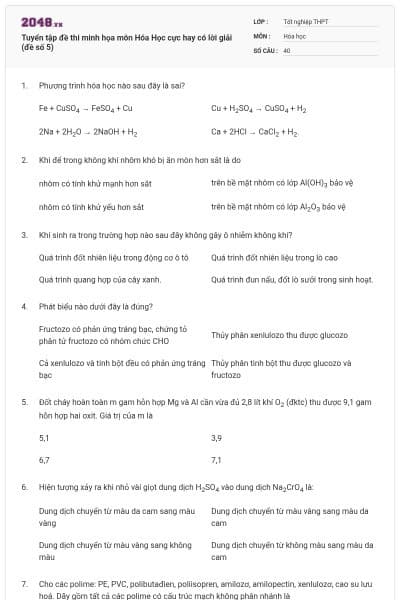 Tuyển tập đề thi minh họa môn Hóa Học cực hay có lời giải (đề số 5)