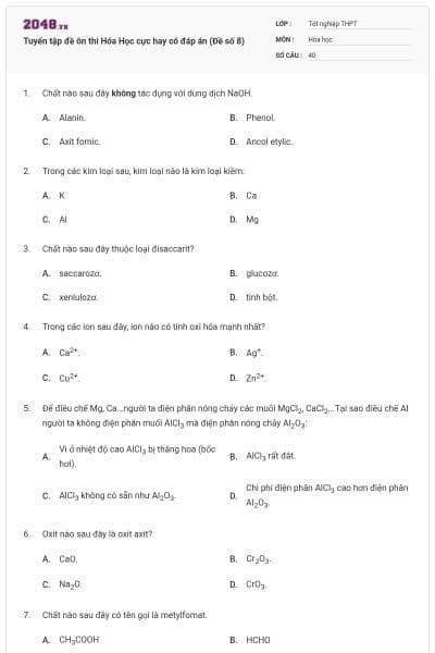 Tuyển tập đề ôn thi Hóa Học cực hay có đáp án (Đề số 8)