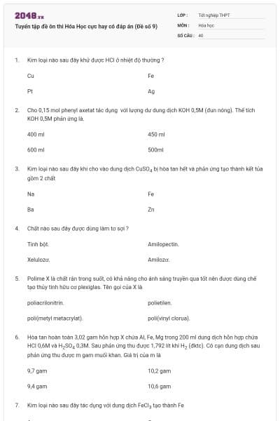 Tuyển tập đề ôn thi Hóa Học cực hay có đáp án (Đề số 9)