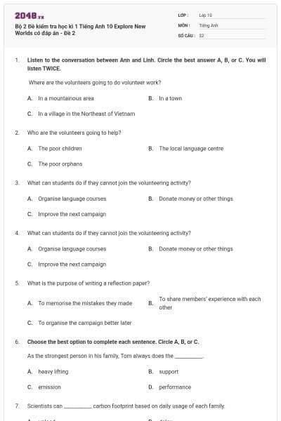 Bộ 2 Đề kiểm tra học kì 1 Tiếng Anh 10 Explore New Worlds có đáp án - Đề 2