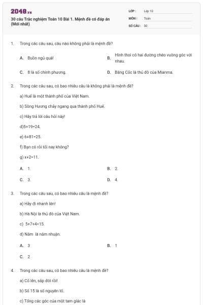 30 câu Trắc nghiệm Toán 10 Bài 1. Mệnh đề có đáp án (Mới nhất)