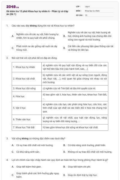 Đề kiểm tra 15 phút Khoa học tự nhiên 6 - Phần Lý có đáp án (Đề 1)