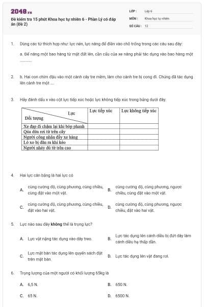 Đề kiểm tra 15 phút Khoa học tự nhiên 6 - Phần Lý có đáp án (Đề 2)