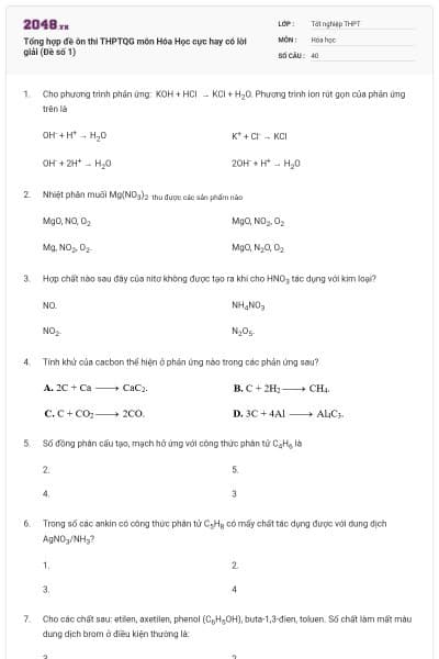 Tổng hợp đề ôn thi THPTQG môn Hóa Học cực hay có lời giải (Đề số 1)