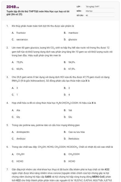 Tuyển tập đề thi thử THPTQG môn Hóa Học cực hay có lời giải (Đề số 25)