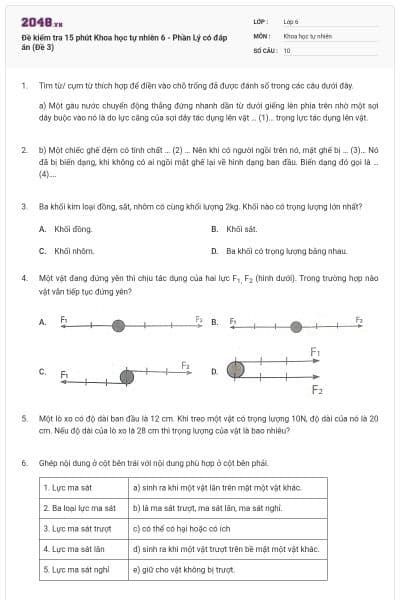 Đề kiểm tra 15 phút Khoa học tự nhiên 6 - Phần Lý có đáp án (Đề 3)