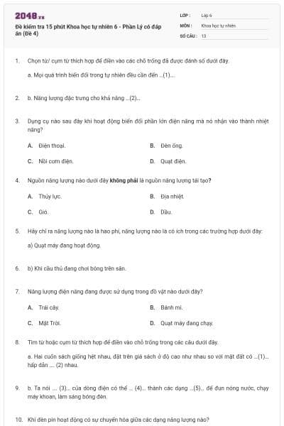 Đề kiểm tra 15 phút Khoa học tự nhiên 6 - Phần Lý có đáp án (Đề 4)