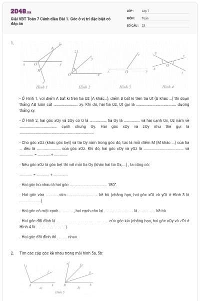 Giải VBT Toán 7 Cánh diều Bài 1. Góc ở vị trí đặc biệt có đáp án