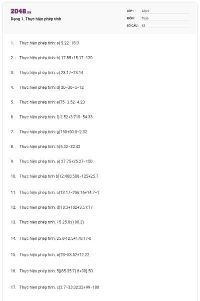 Dạng 1. Thực hiện phép tính