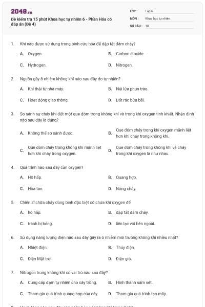 Đề kiểm tra 15 phút Khoa học tự nhiên 6 - Phần Hóa có đáp án (Đề 4)